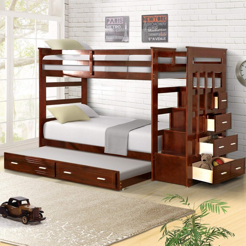 Harper & Bright Designs Trundle Bunk Bed With Storage Drawers Twin Size (Walnut)