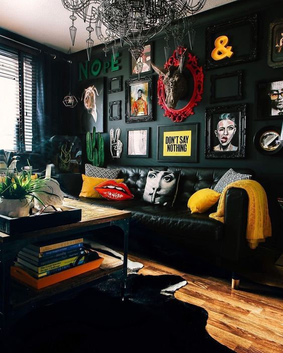Black Themed Living Room With Splashes Of Color